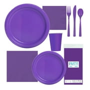 Neon Purple Tableware Kit - Neon Purple Party Supplies - Plates, Napkins, Table Cover, Silverware, and Cups