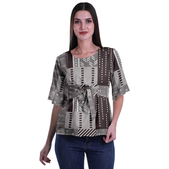 Moomaya Printed Round Neck Top For Women Elbow Sleeve Blouse Tunic Formal Wear