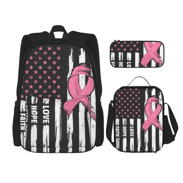 Disketp Ribbon Breast Cancer Awareness Mochila Estampada de Gran Capacidad con Lonchera y Estuche, Set de 3 Piezas para Estudiantes