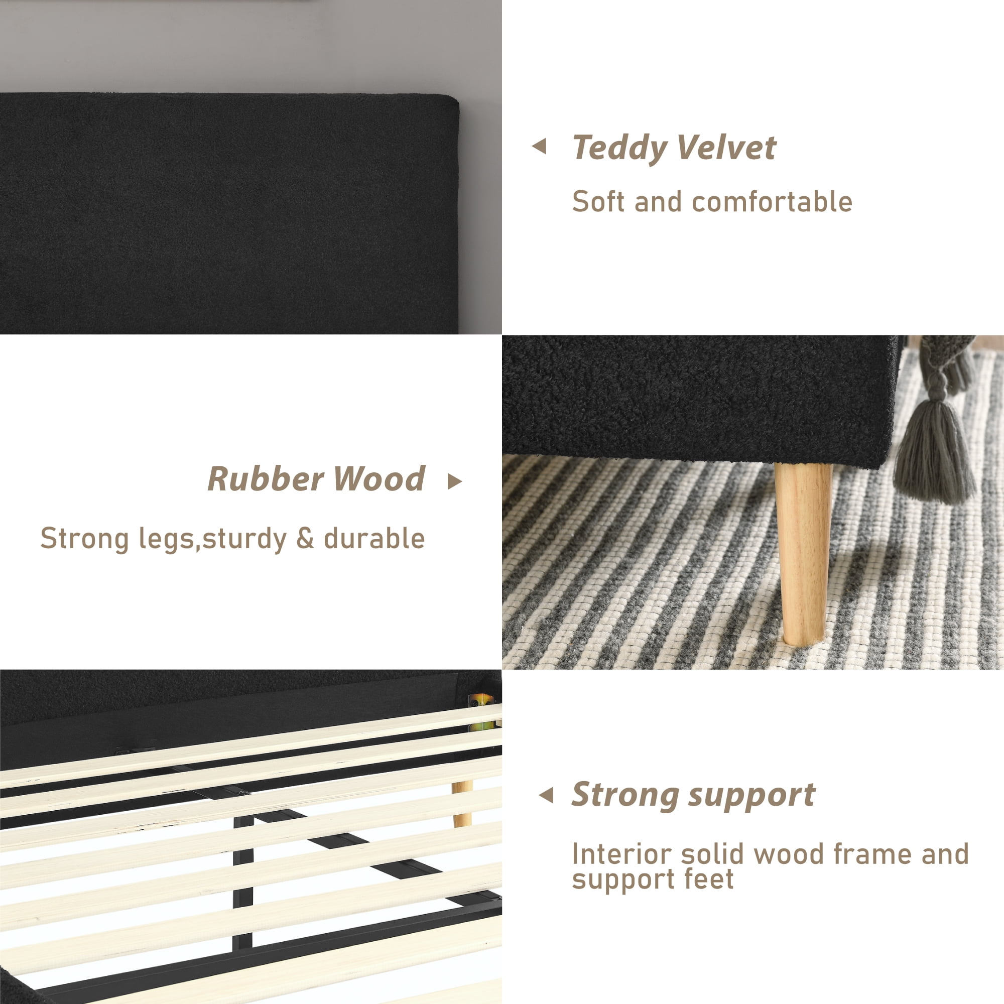 Gewnee Queen Size Upholstered Platform Bed Frame with Headboard,Sturdy Wood Slats & Center Support,No Box Spring Needed,Easy Assembly,Black