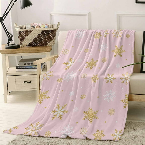 Christmas Gold Throw Flannel Blanket 30x40In and White Snowflake Pink Super Soft Cozy Bed Blanket, Lightweight Plush Fuzzy Bed Throw for Bedroom Sofa Couch Living Room
