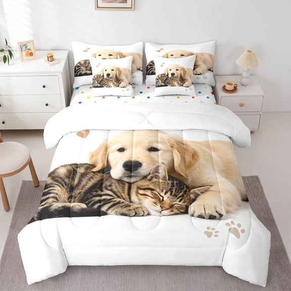 Homewish Kawaii Dog Cat 7-Piece Twin Bedding,Pet Love Theme Bedding Comforter Set,White,Polkadot Reversible