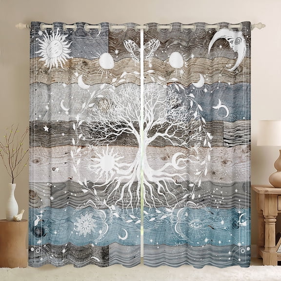 Homewish Western Life Tree Blackout Curtains Set of 2 (52x84 Each), Blue Grey Wooden Plank Window Curtains, Mystic Damask Moom Curtains and Drapes, Window Curtains Bedroom Decor