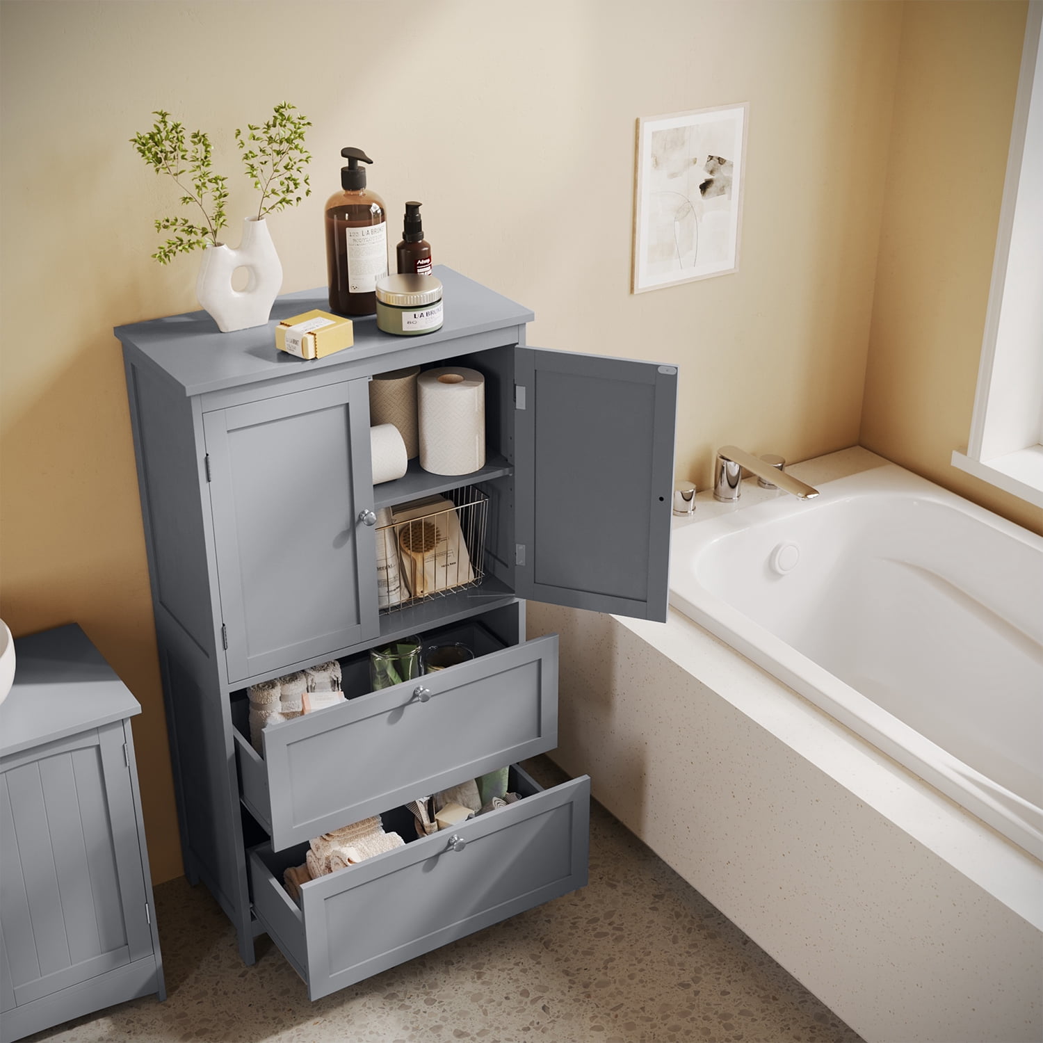 LEDREM Bathroom Floor Storage Cabinet, Freestanding Cabinet with 2 Doors 2 Drawers, for Kitchen Living Room Small Spaces, Dove Gray