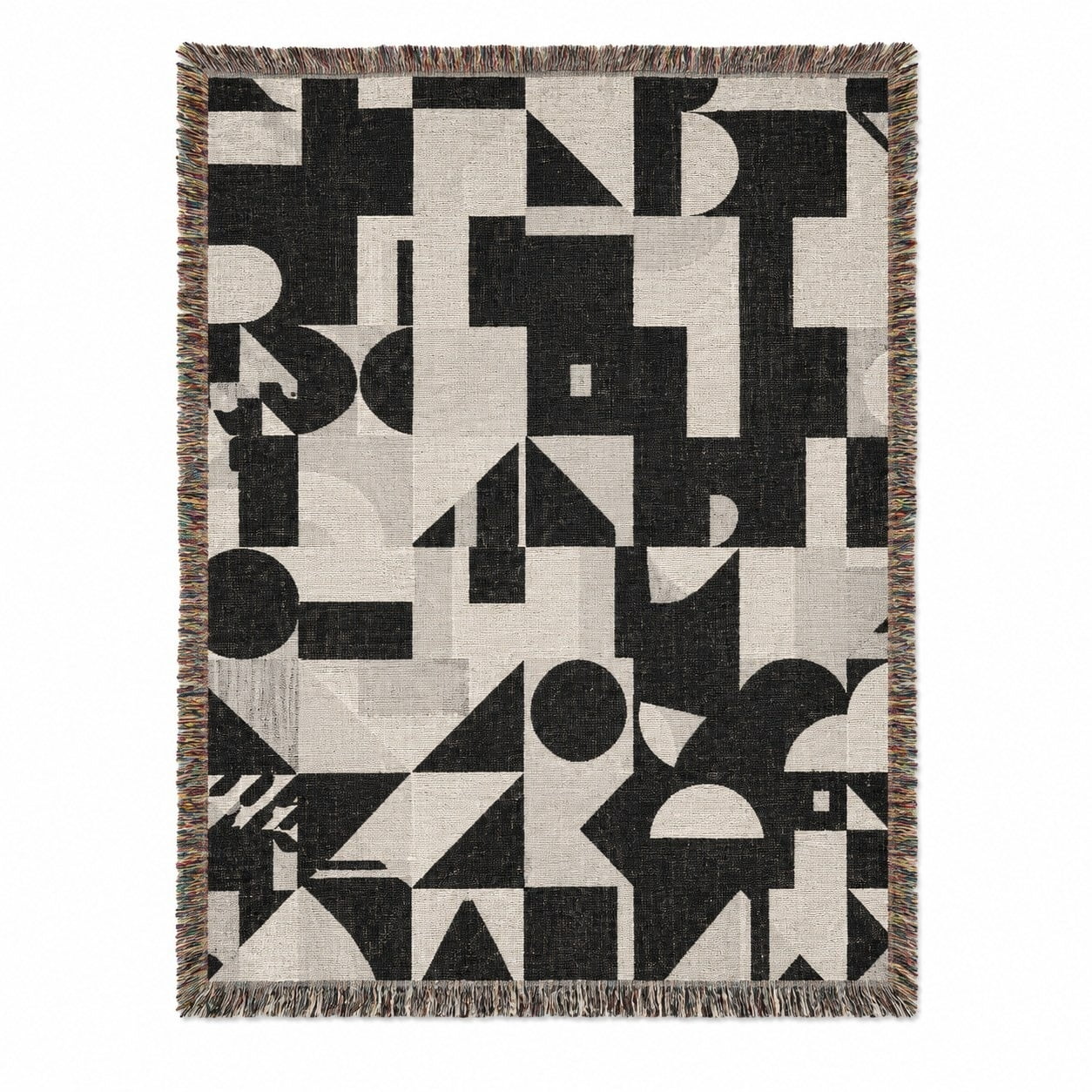 Black White and Gray Abstract Geometric Woven Throw Blanket Cotton with Fringed Edges Modern Decor for Couch and Bed