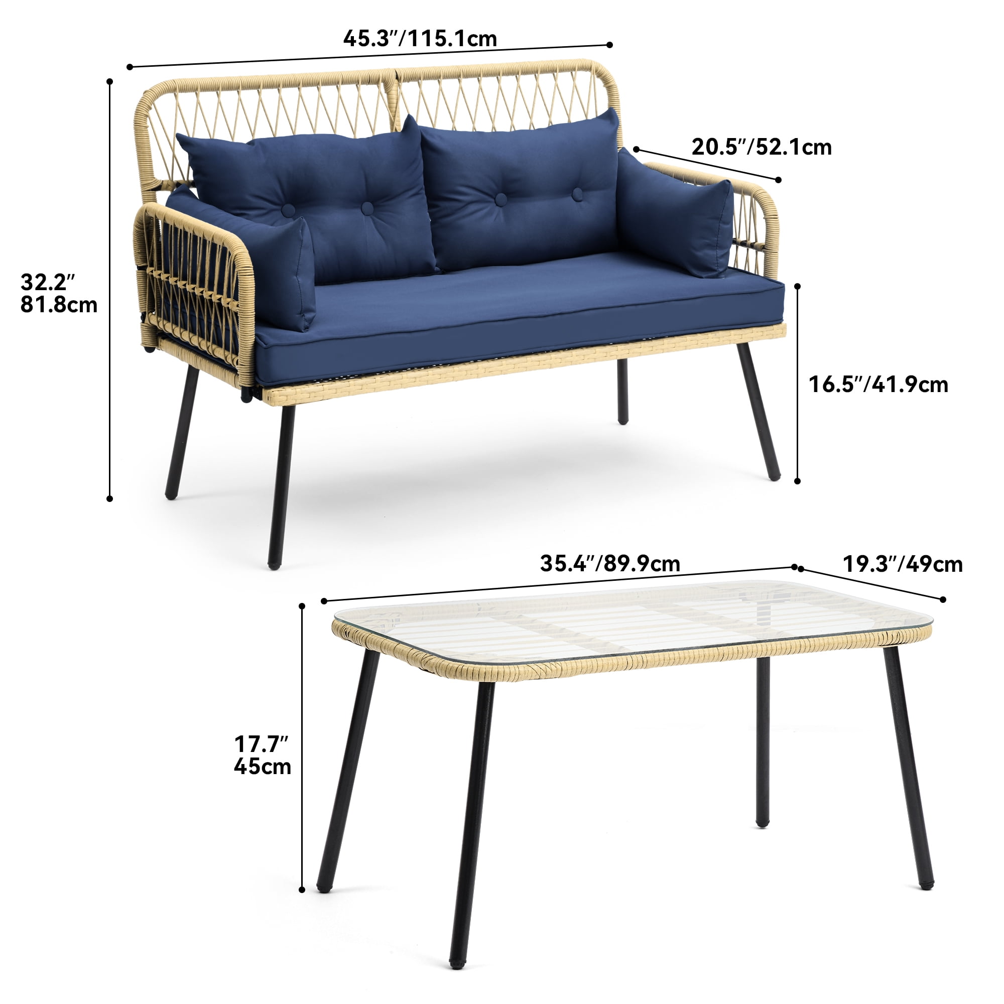 Dextrus 2-Piece All-Weather Outdoor Wicker Loveseat,&nbsp; Rattan Conversation Patio Furniture Set, Perfect for Backyard, Balcony, and Deck - Light Brown + Navy Blue