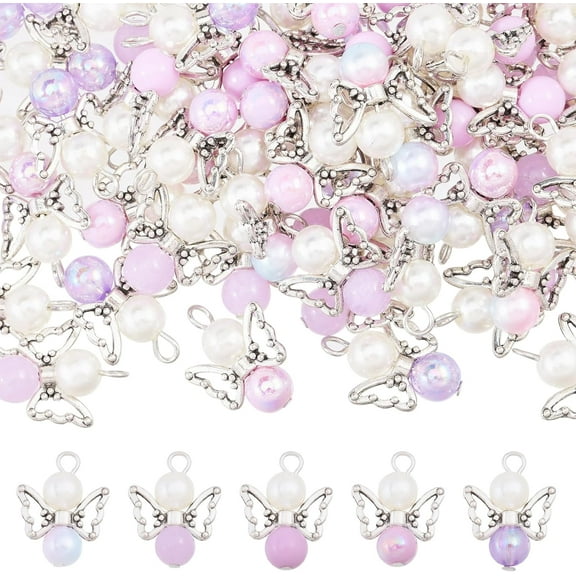 Angel Wing Charms Angel Pendant Beads Acrylic Alloy Pendant with Iron Findings Round Antique Silver Platinum Decorations for DIY Jewelry Making Necklace Keychain Crafts 1 Set