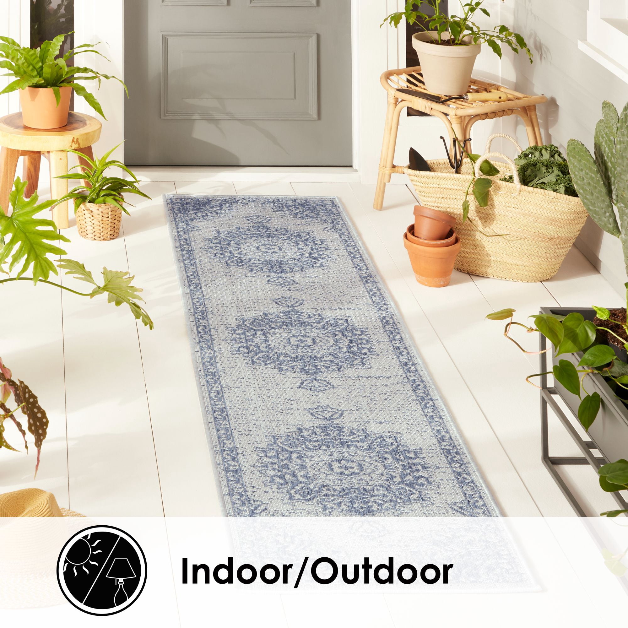Nicole Miller New York Patio Country Azalea Transitional Medallion Indoor/Outdoor Runner Area Rug, Grey/Blue, 1'9"x7'2"