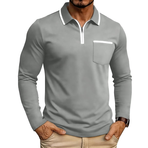 Yaoyar Men's Long Sleeve Shirt-Zip Front Casual Golf Style Classic Collar Chest Pocket for Weekend Wear​​