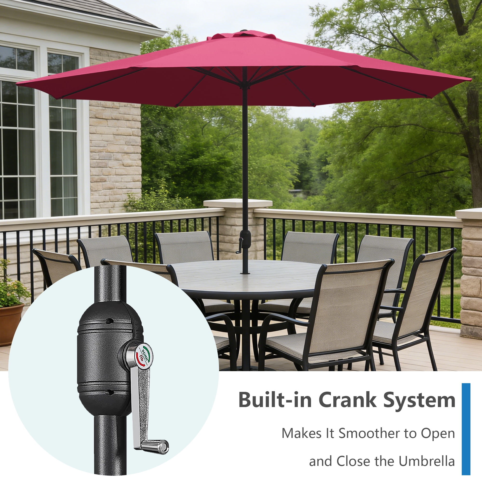Abble 11FT Outdoor Patio Umbrella with Crank Handle, Market Umbrella with 8 Sturdy Umbrella Ribs, Waterproof for Garden Deck Backyard Pool, Burgundy