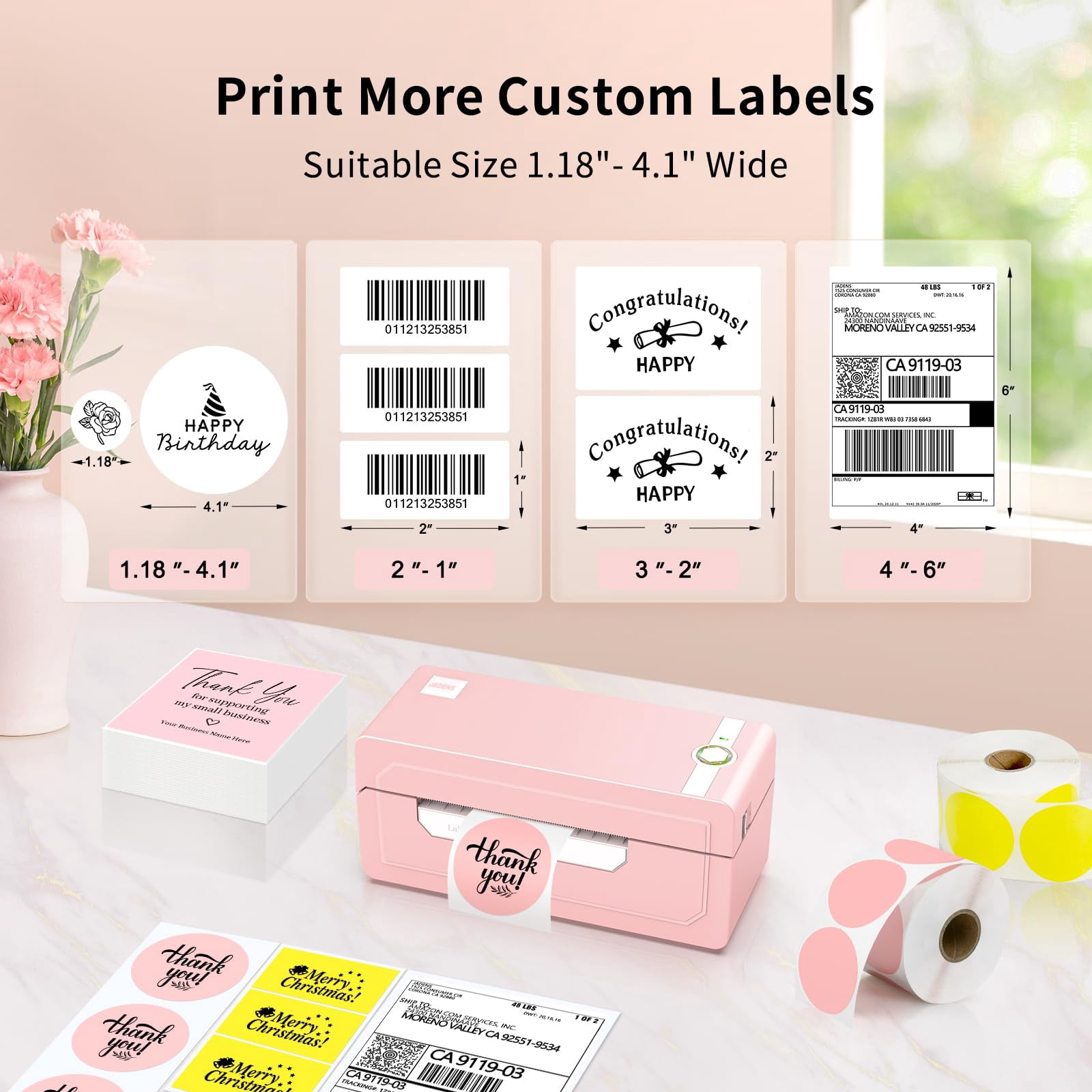 Thermal Shipping Label Printer - Wireless 4x6  Compatible With Android Windows & Widely For Ebay Shopify Etsy Usps(pink)