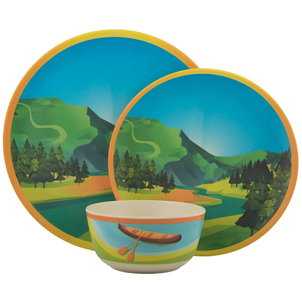 Melange 18Piece Bamboo Dinnerware Set (Camp Mountains) ShatterProof