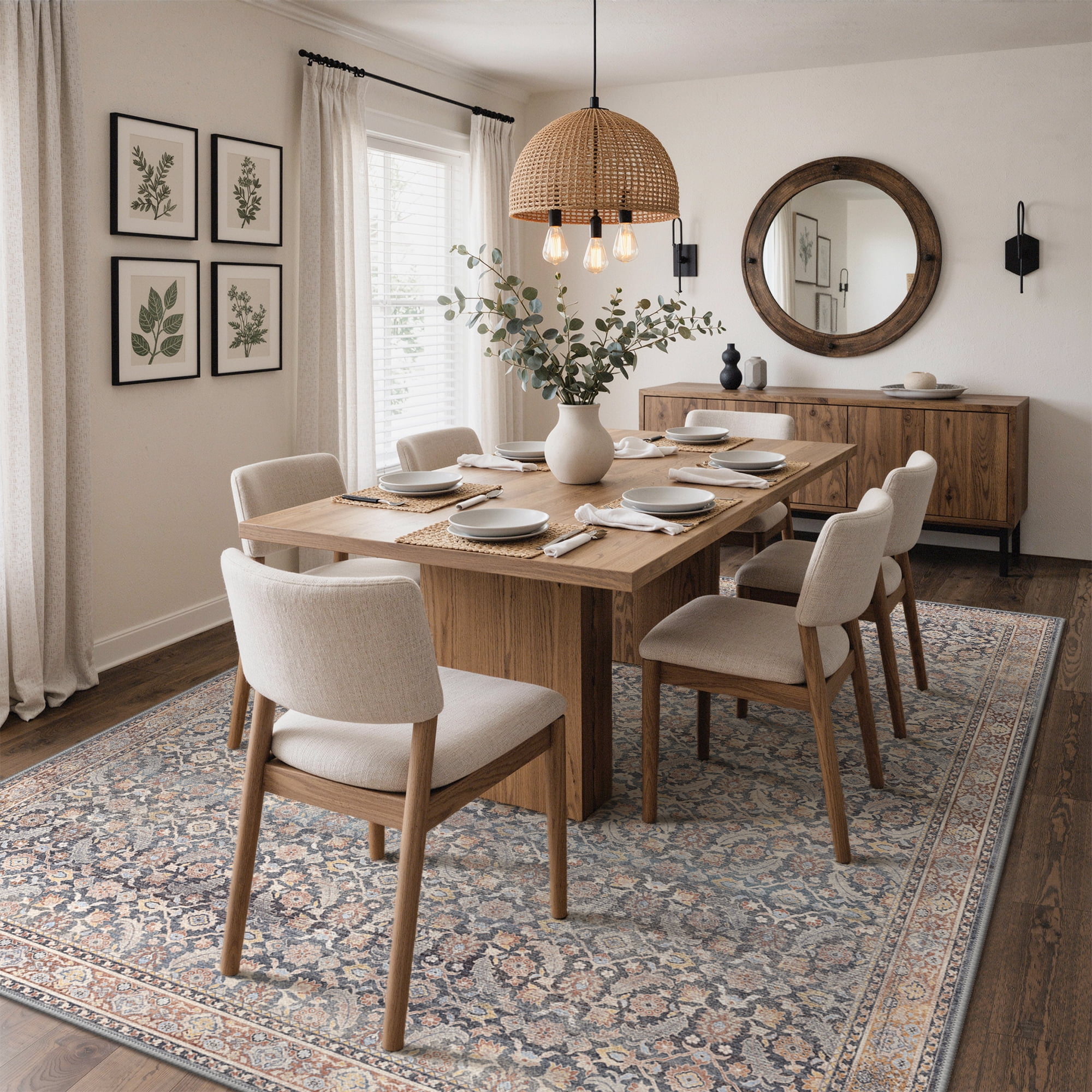 KUETH Modern 8x10 Area Rugs for Living Room, Non Slip Machine Washable Retro Rugs, Low Pile Chenille Print Rug for Bedroom, Dining Room, Home Office