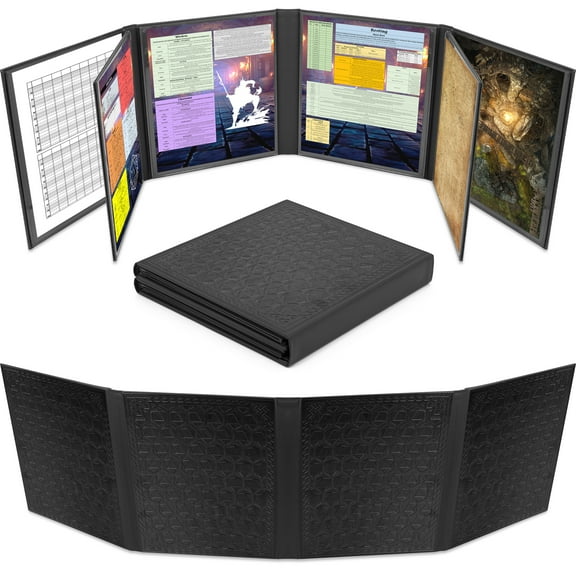 CASEMATIX DM Screen 8-Panel Deluxe GM Screen - Eight Panel Folding Dungeon Master Screen with 2 Swinging Panels for TTRPGs - Black, Inserts Not Included