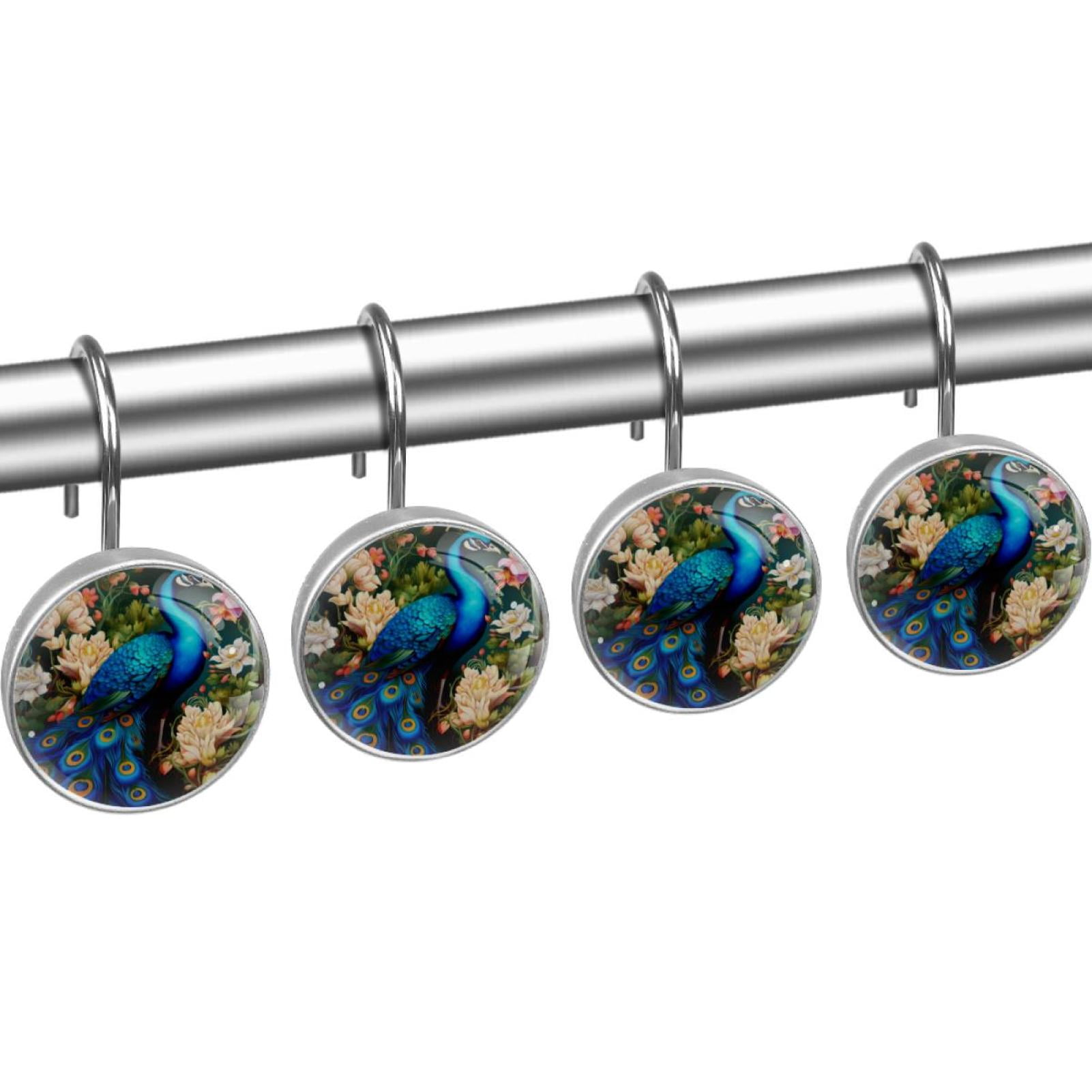 Peacock Shower Curtain Hooks （Set of 12） for Home Hotel Shower Rods Bathroom Crystal Glass Print Stainless Steel Round Curtain Hooks