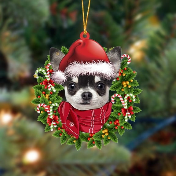 Acrylic 2D FLAT BLACK Chihuahua-Xmas Bandana Hanging Ornament