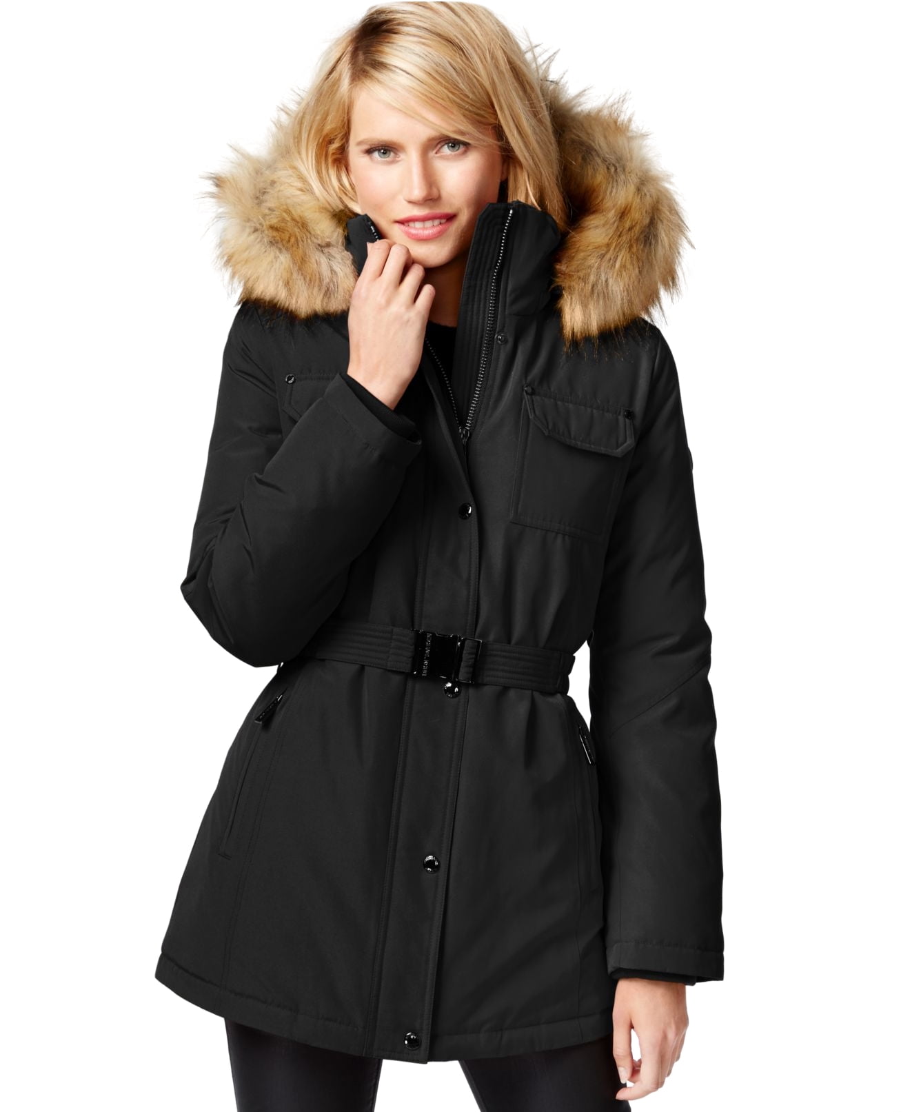 michael kors black coat fur hood