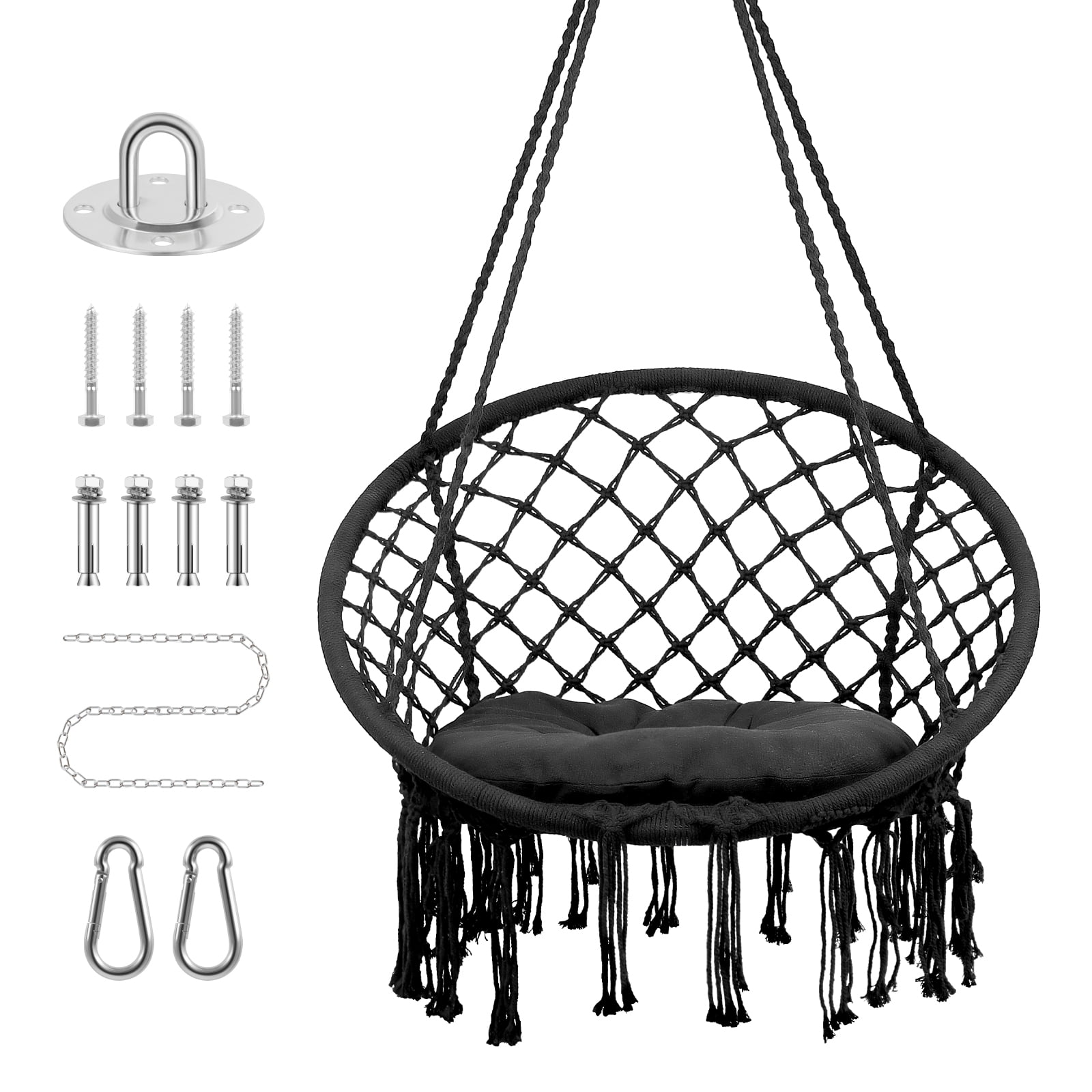 Chair Rope Swing Macrame Hammock, Hanging Cotton Kits - Hand-Woven Rope, Steel Spreader Bar Anti-Slip Rings, Black, Safe, Soft, Durable, for Porch Bedroom