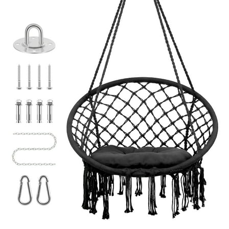 Macrame Hammock Hanging Swing Chair with Cushion, Handwoven Swing Chair for Bedroom, Patio, Balcony, Garden, Living Room, Black