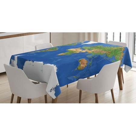 

World Tablecloth Geography Cartography Theme Continents Vegetation Nature Oceans Icy Cold Lands Rectangular Table Cover for Dining Room Kitchen 60 X 90 Inches Blue Green White by Ambesonne
