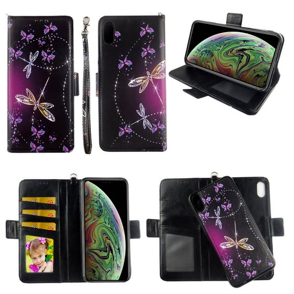 Sparkly Butterfly Case for iPhone X / XS / X10 Magnetic Detachable Pu Leather Wallet Cover with Flap Closure and Snap-on Book Style Cases with Card Holders Wrist Strap 2 in 1 Folio Flip Covers