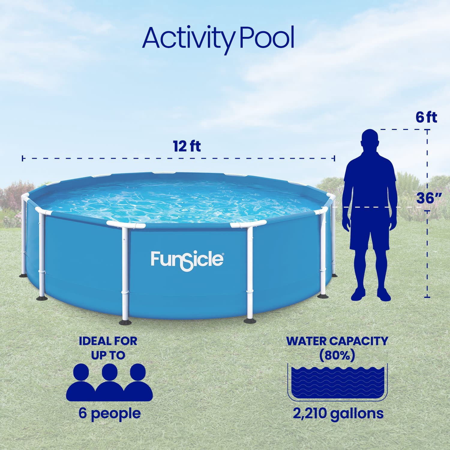 Funsicle Activity Above Ground Metal Frame Swimming Pool – 10' x 30", Backyard Games For Kids & Adults, Round, Blue