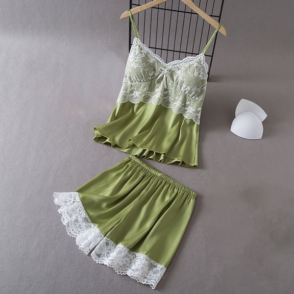 ylioge Short Pajamas for Women 2 Piece Sets Lightweight Satin Splice Lace Sleeveless Built in Bras Tank Tops Wide Leg Shorts Soft Loungewear Pajamas