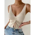 thumbnail image 1 of Front Ribbed Knit Top: Sexy V Neck Sleeveless Crop Top with High Stretch and Split Design Beige, 1 of 2