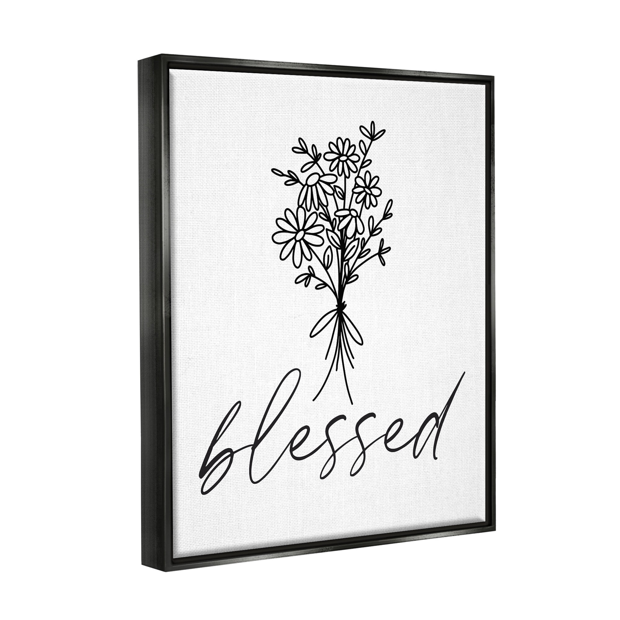 Stupell Industries Cheerful Daisy Flowers Botanical Arrangement Blessed Script Graphic Art Jet Black Floating Framed Canvas Print Wall Art, Design by Lettered and Lined