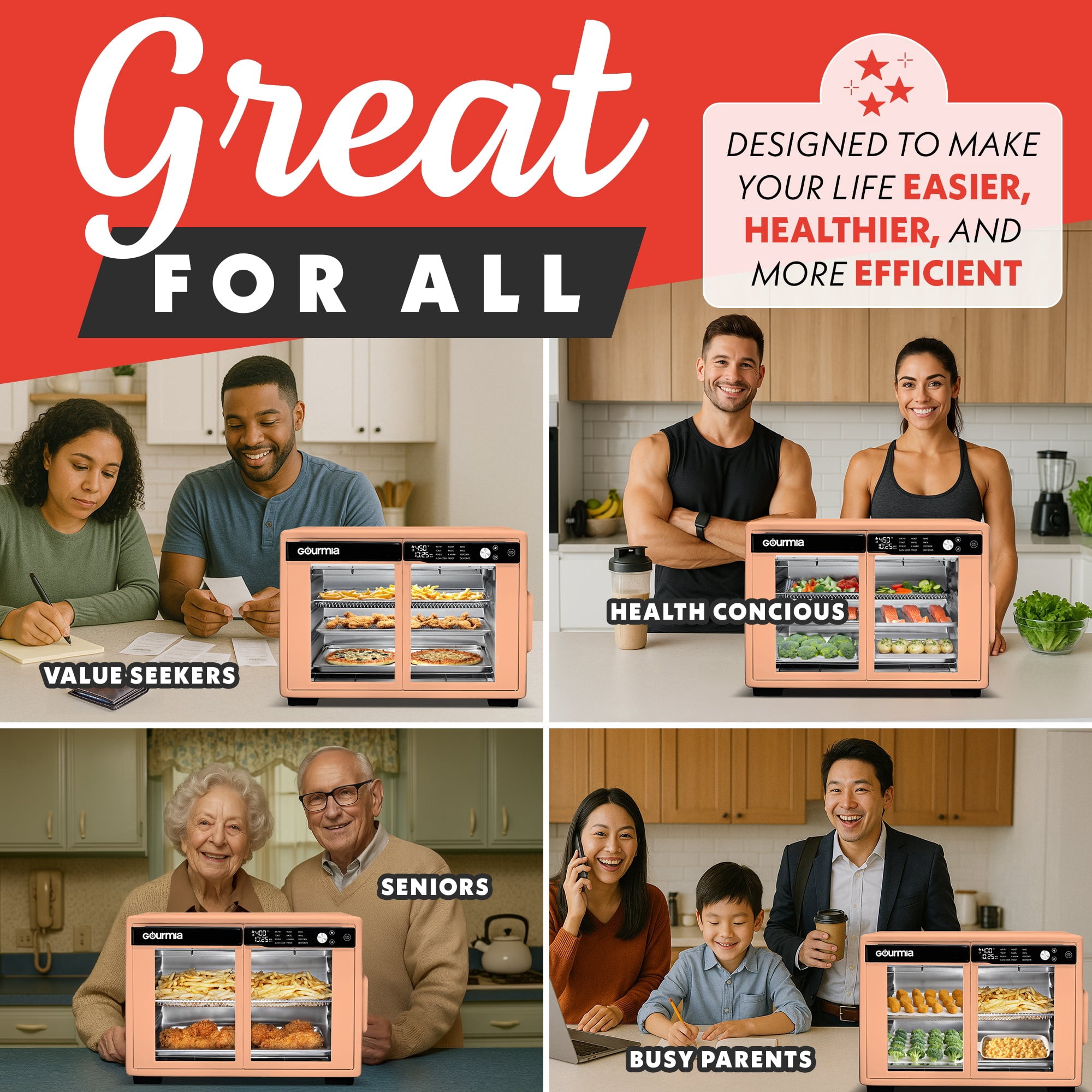 Gourmia Air Fryer French Door Toaster Oven - 9 Slice Capacity, 12 Presets, Peach