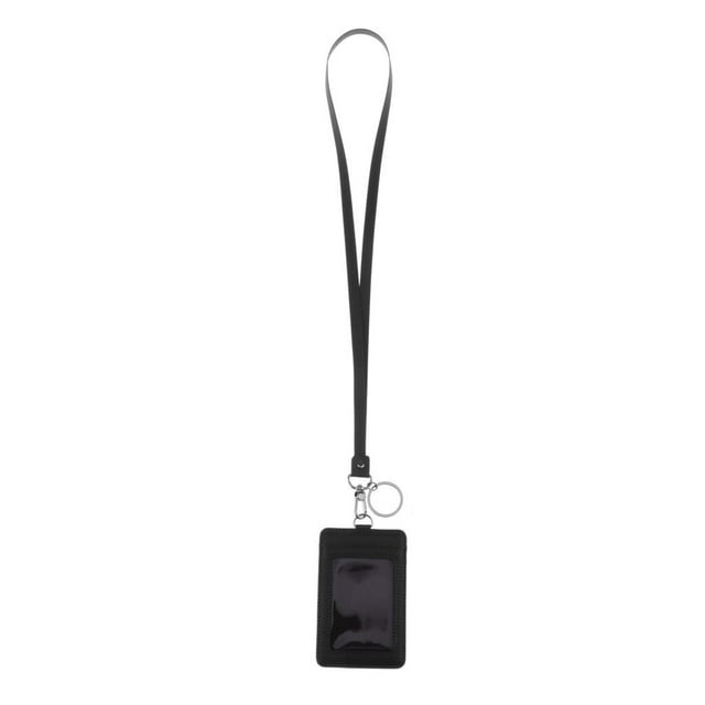 Badge Holder, Real Leather ID Badge Card Holder with Window - Quick Rlease Detachable Neck Lanyard Strap with Key - 11color (Vertical) Black 2