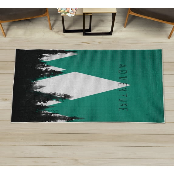 Adventure Decorative Rug, Forest Halftone Effect Hipster Typography Camping in Mountains, Quality Carpet for Bedroom Dorm and Living Room, 6 Sizes, Jade Green, by Ambesonne