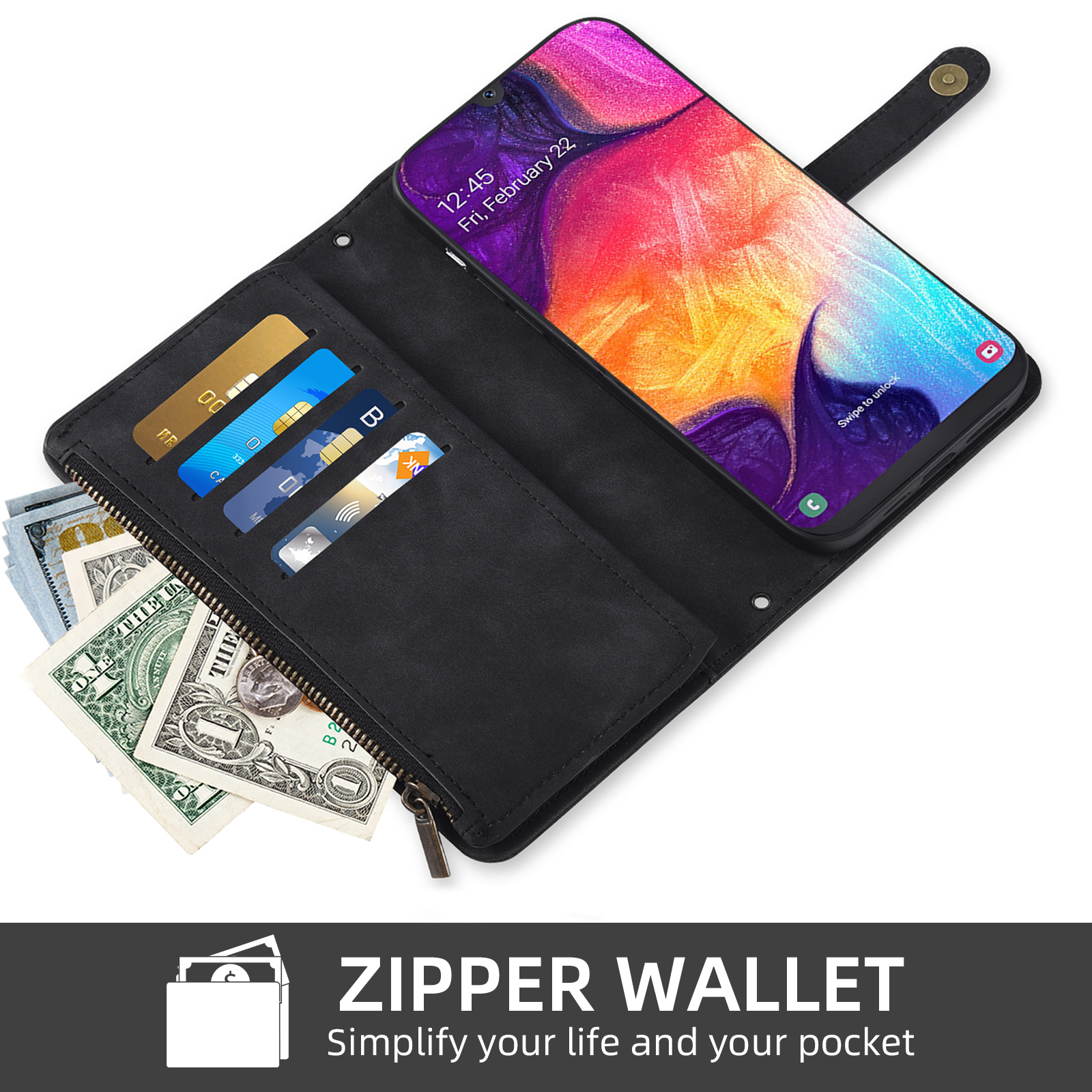 Asuwish Phone Case for Samsung Galaxy A50 A50S A30S Wallet Cover With Tempered Glass Screen Protector Crossbody Wrist Strap Flip Pattern Zipper Card Holder Cell A 50 50S 30S S50 50A SM A505G Black
