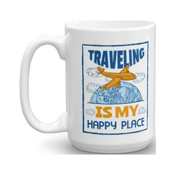 Traveling Is My Happy Place Ceramic Travel Themed Coffee & Tea Gift Mug Cup For A World Traveler Or International Traveller (15oz)
