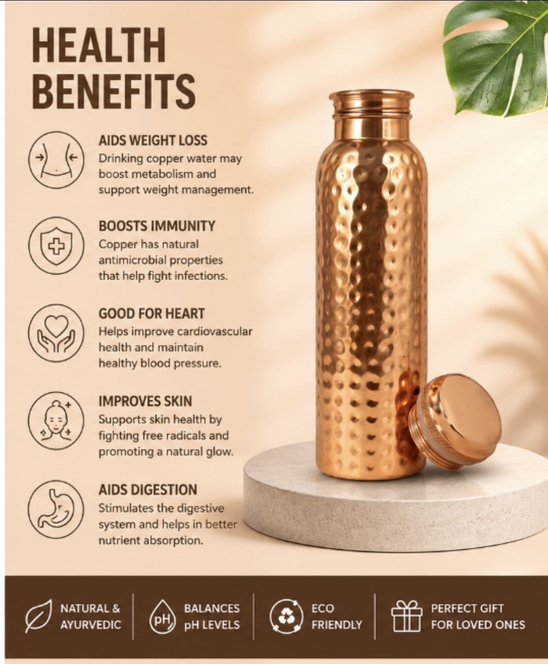WellSip Copper Bottel | 100% Pure Copper Diamond cut Water Bottle 1000 ML