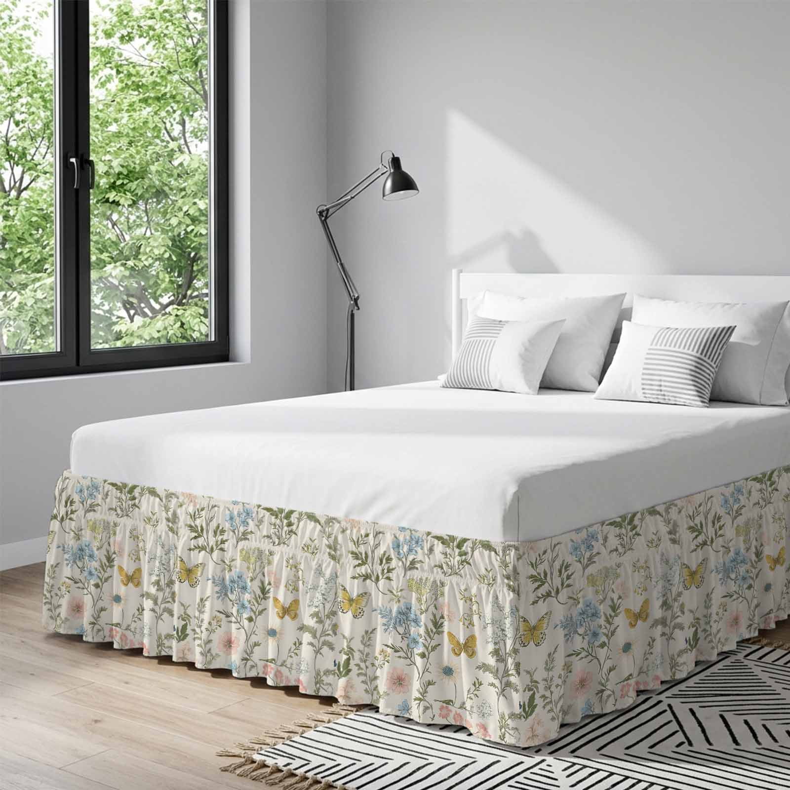 Wildflowers Bed Skirt Queen Size, Spring Flowers Plants Farmhouse Pastoral Wrap Around Bed Skirting with Adjustable Elastic Strap, Dust Ruffle Pleated Bedskirts 16 Inch Drop for Bedroom Queen Beds
