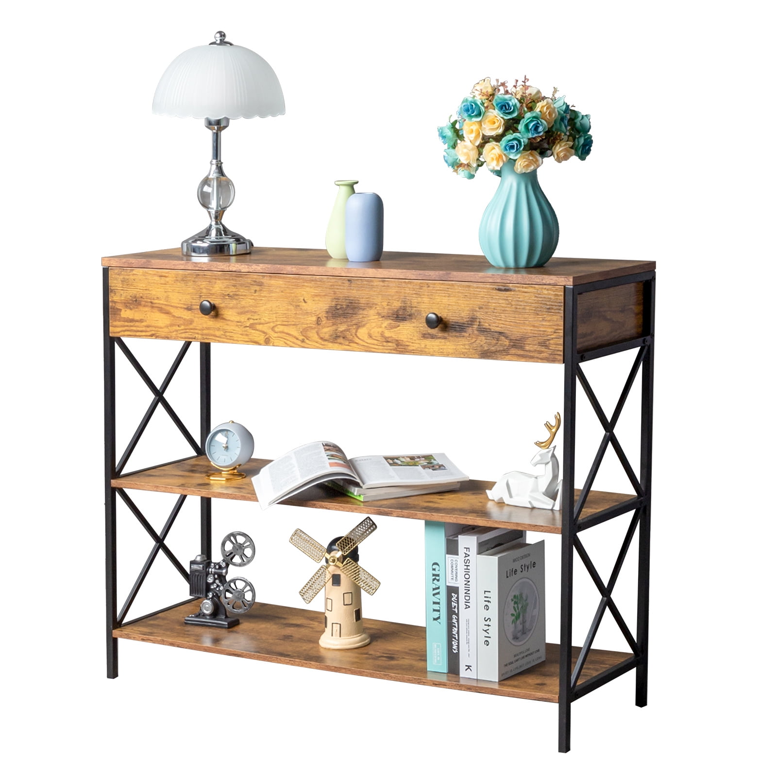 Console Table with Drawers, Rustic Hallway Table with Storage Shelves