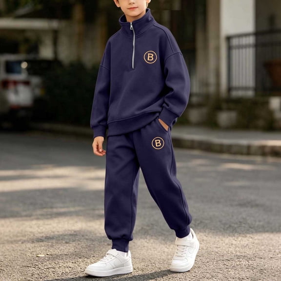Kids Sweatshirt Set, Long Sleeve Pullover Top & Elastic Waist Cuffed Pants, Casual Pull-On Outfit For Medium & Large Kids Navy 14-15 Years