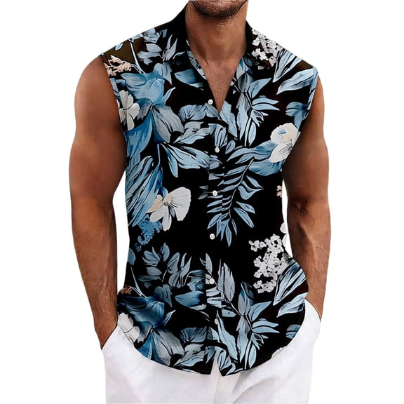 LWavelet Men's Sleeveless Hawaiian Shirt Tropical Leaf Floral Button Down Casual Summer Vacation Shirt Red XL