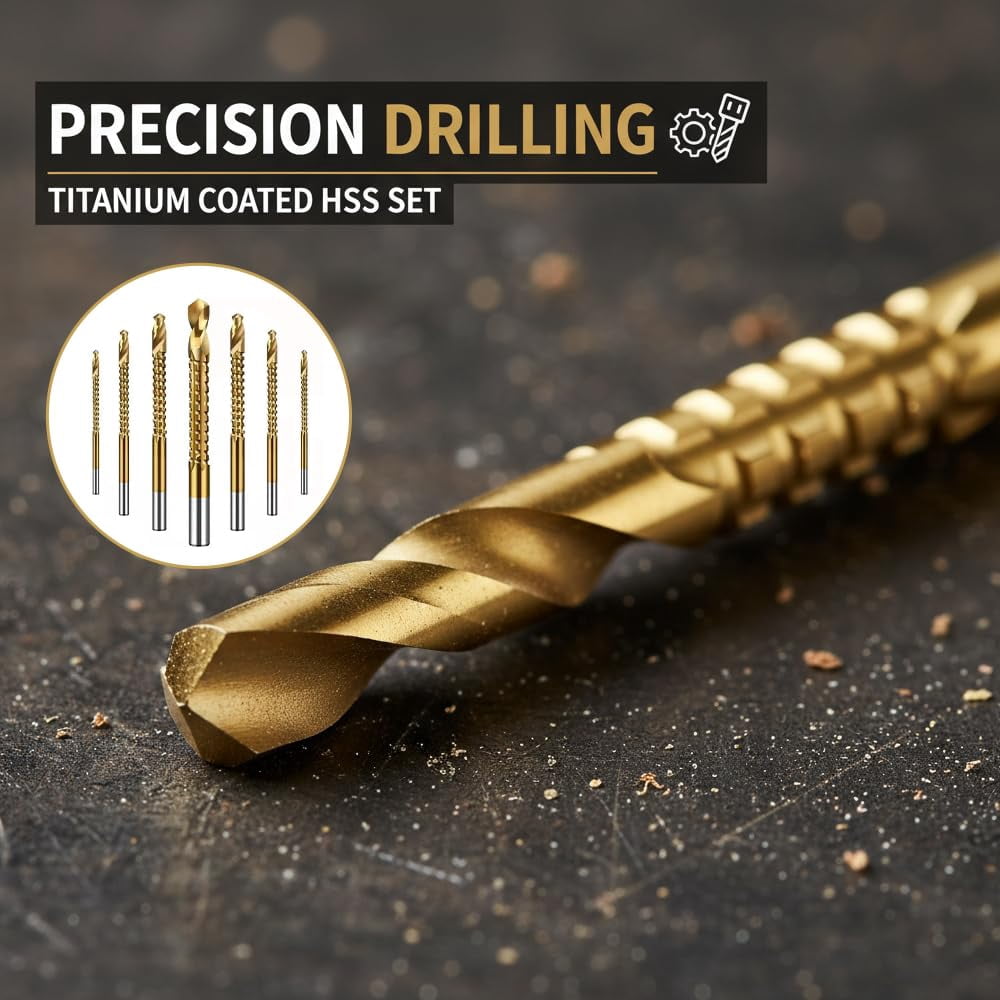 Twist Drill Bit Set – Titanium Coated HSS High-Speed Precision Tool for Wood, Plastic, Aluminum and Metal Drilling, 6 Sizes 3-8mm