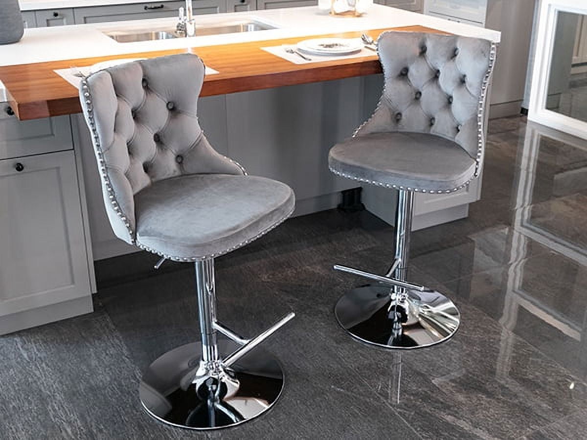 ODUSE-DAILY Gray Velvet Bar Stools Set of 2 - Adjustable Swivel Counter Height Chairs with Tufted Back and Nailhead Trim for Kitchen Island Pub Restaurant (2Pcs, Chrome Metal, Grey)