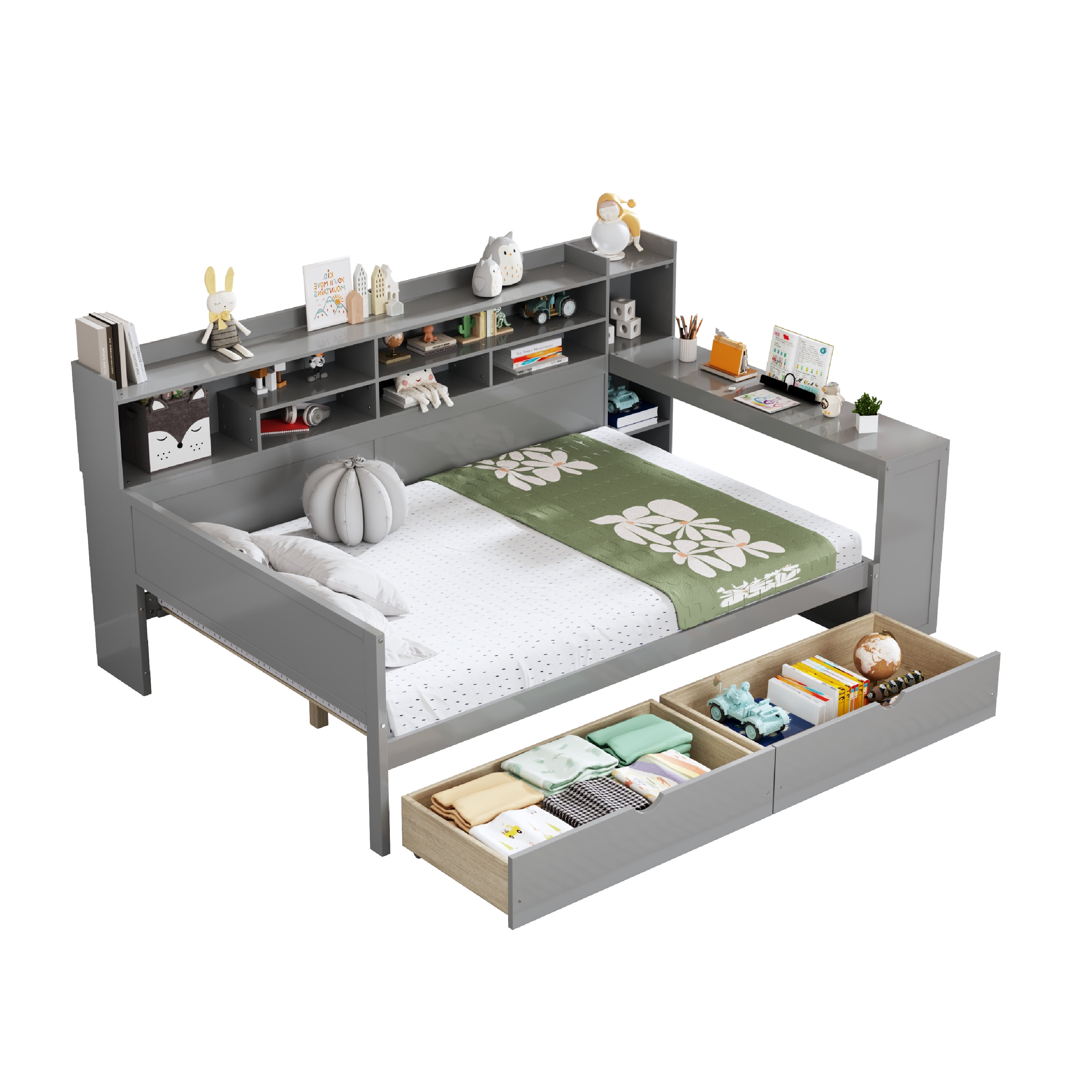 Euroco Wood Full Size Daybed with Storage Shelves Drawers and Desk, Gray