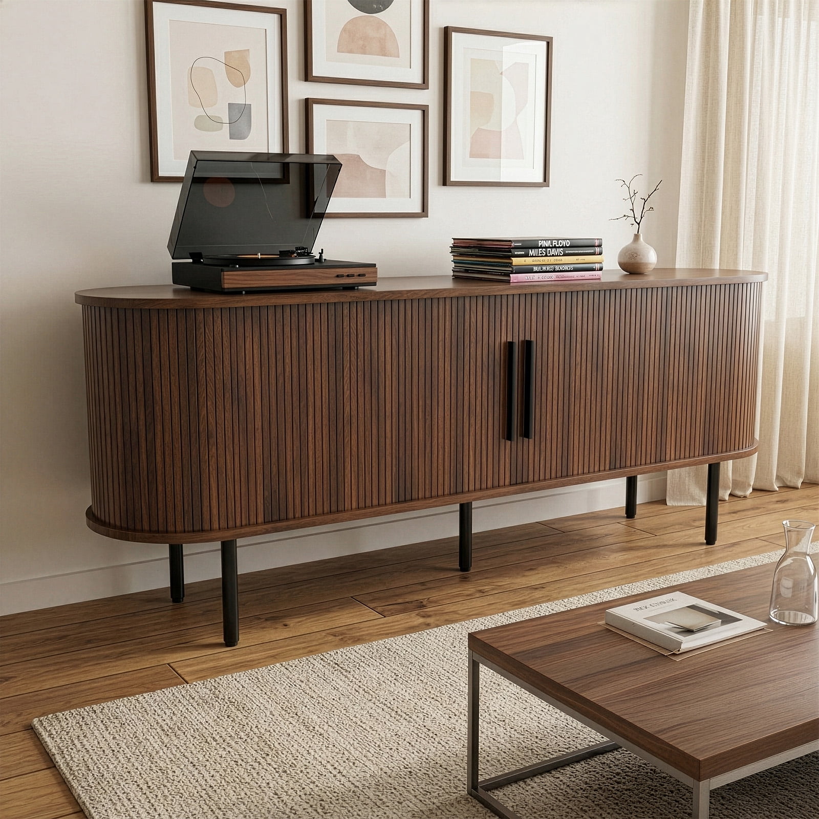 Embossed Particle Board TV Stand, Oval Tabletop 147x35x58cm, Modern Entertainment Center with Sliding Grid Doors, Media Console Cabinet for Living Room Bedroom, Walnut