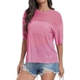 thumbnail image 2 of Aiyino Women's See Through Mesh Sheer Blouse Sexy T Shirt Blouse Summer Short Sleeve Round Neck Loose Tops Tee,L Dark Pink, 2 of 9