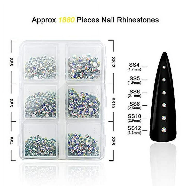1880Pcs Crystals AB Nail Rhinestones, Glass Nail Gems and Rhinestones for  Nails Art Decorations, Flatback Rhinestones with Picker Dotting Pen and  Storage Organizer Box, 3D Nail Jewels for Nail Design