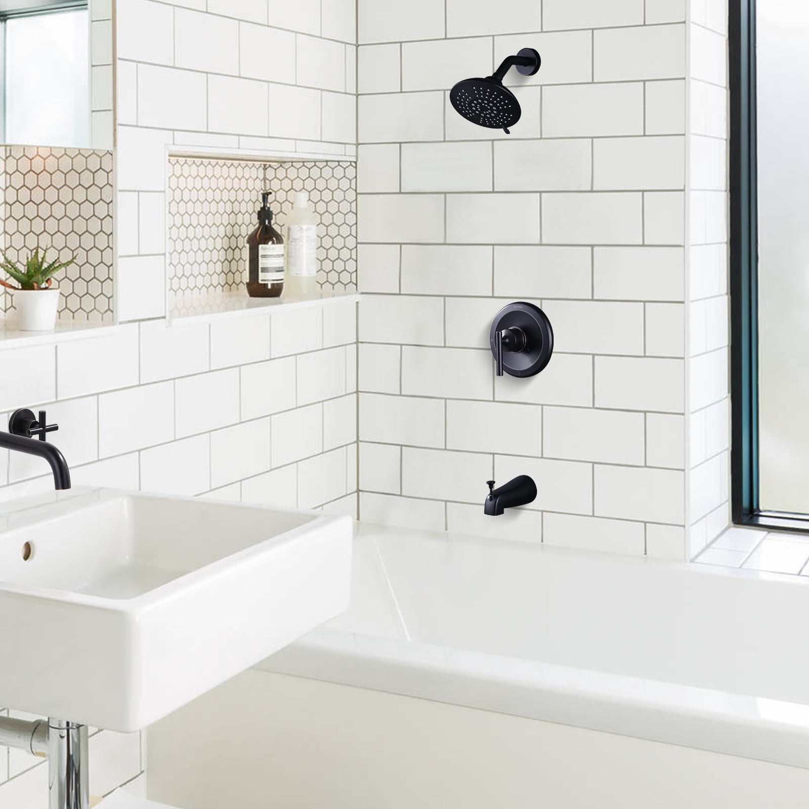 Wowow Tub Shower Faucet Set (Valve Included) with 6-Inch Rain Shower Head and Tub Spout, Oil Rubbed Bronze