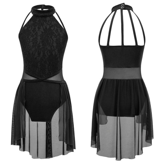 YONGHS Kids Girls Lyrical Dance Dress Sleeveless Figure Ice Skating Leoatrd Dancewear Black 14