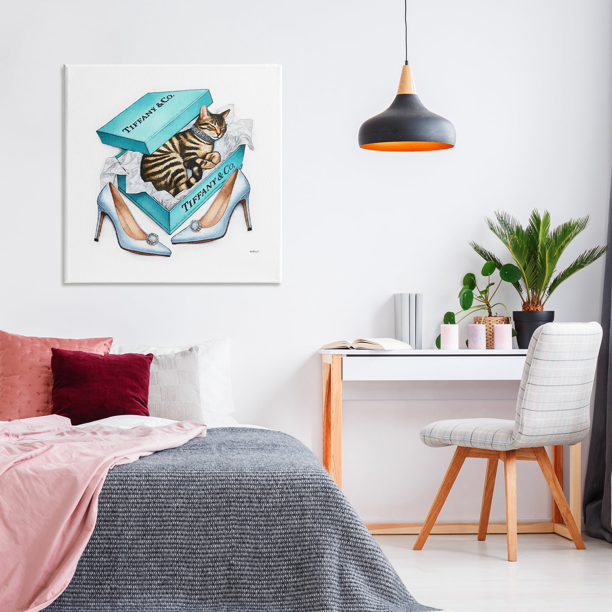 Stupell Industries Blue Shoebox with Kitty Animals Painting Wrapped Canvas Art Print Wall Art, 36 x 36