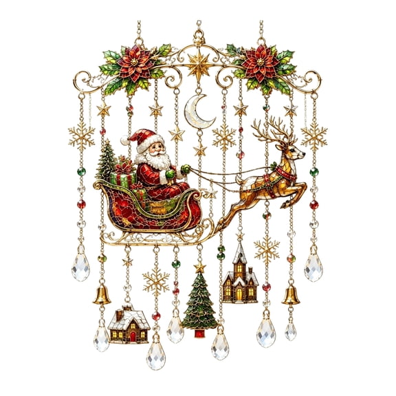 Christmas Wind Chimes Outdoor, 11.8" Santa Claus Sun Catcher Acrylic Window Hanging Windchimes with Crystal Drops, Festive Holiday Window Hanging Ornament Home Decor Gift