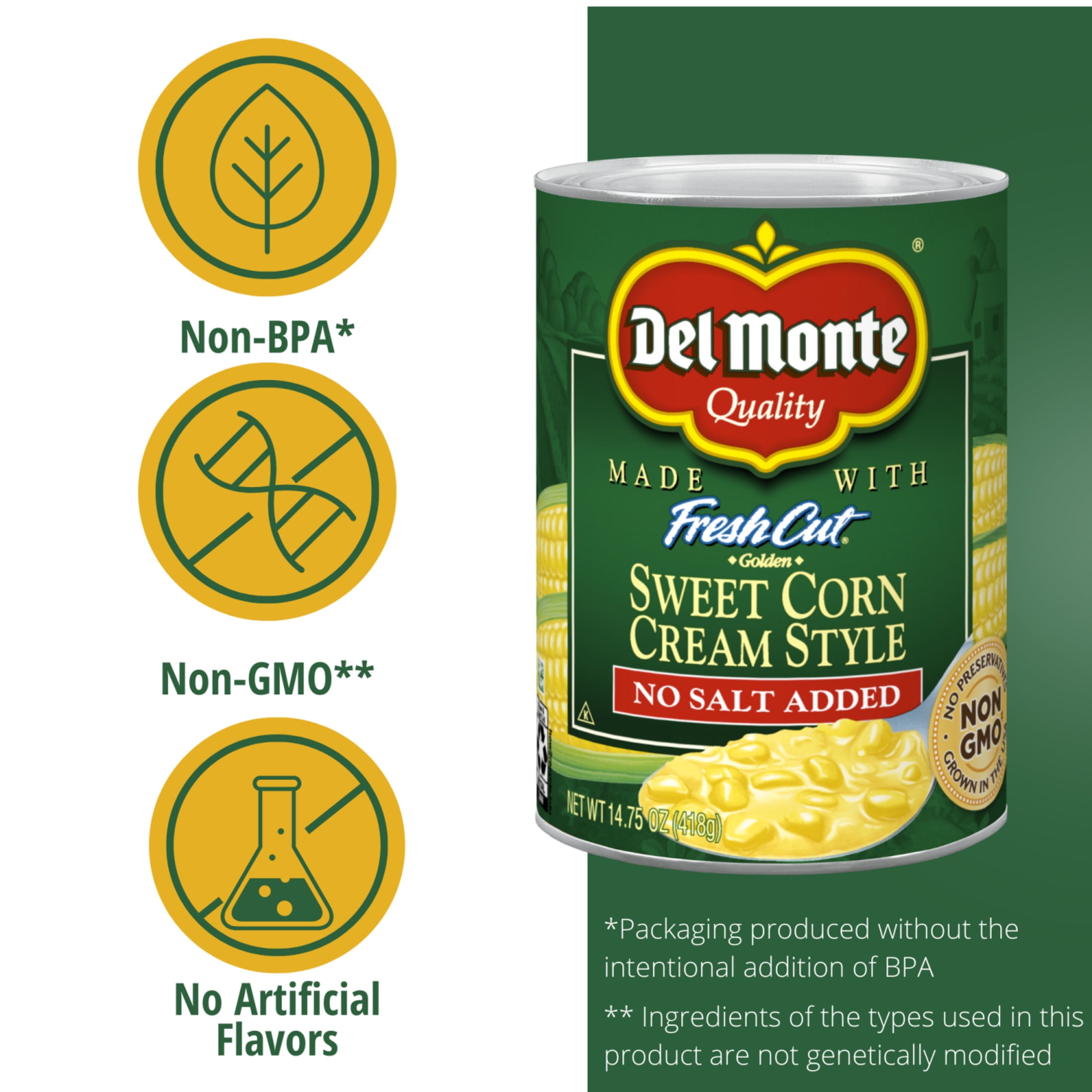 (12 pack) Del Monte No Salt Added Golden Sweet Corn Cream Style, 14.75 oz Can, Canned Vegetables